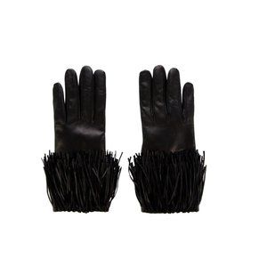 Diane Von Furstenberg Black Leather Gloves Fringe Cuff Women Size 8 M/L